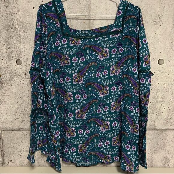 🆕 Suzanne Betro Floral Paisley Bell Sleeve Top Square Neck - Picture 5 of 9